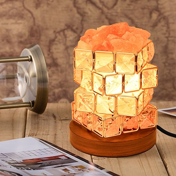 COOWOO Himalayan Salt Lamp, Pink Natural Crystal and Cube Diamonds Salt Lamp with Wood Base, Bulb and Rotary Dimmer Switch Control for Christmas Gift and Home Decorations