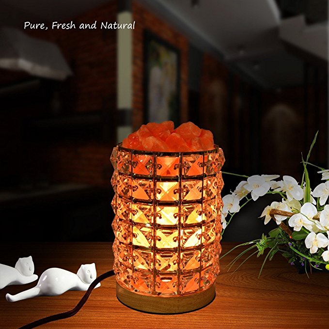 Decolighting HY-02 Salt Lamp, Himalayan Salt Lamp Natural Salt Crystal Chunks in Acrylic Diamond Cylinder with Wooden Base, Rotary Switch Adjusts Brightness, Dimmable Control, 2 Bulbs, UL-Listed Cord